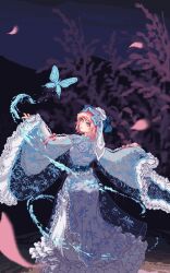 Rule 34 | 1girl, blue bow, blue butterfly, blue kimono, blue sash, blue veil, bow, bug, butterfly, cherry blossoms, commentary, falling petals, floral print, frilled kimono, frilled sleeves, frills, from behind, full body, hand up, hat, hat bow, highres, insect, japanese clothes, kimono, long sleeves, looking at viewer, looking back, medium hair, mountainous horizon, neck, night, nukekip, outdoors, outstretched arms, parted lips, petals, photo-referenced, pink bow, pink eyes, pink hair, pink petals, pixel art, saigyouji yuyuko, sash, see-through clothes, see-through dress layer, see-through kimono, sky, solo, spread arms, standing, sternocleidomastoid muscle, touhou, tree, veil, wavy hair, white kimono, white sleeve cuffs, white veil, wide sleeves