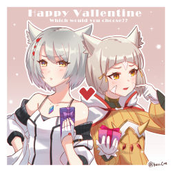 absurdres animal_ears blunt_bangs bodysuit camisole cat_ears gloves hey_cre highres jacket mio_(xenoblade) nia_(xenoblade) short_hair shoulder_strap silver_hair skirt tank_top valentine white_camisole white_gloves white_jacket white_skirt white_tank_top xenoblade_chronicles_(series) xenoblade_chronicles_2 xenoblade_chronicles_3 yellow_bodysuit yellow_eyes