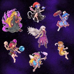 6+girls ambiguous_red_liquid american_flag_dress american_flag_legwear animal_ears bad_id bad_pixiv_id bare_shoulders black_dress blob blonde_hair blue_dress blue_eyes blue_hair bow bowtie chain chinese_clothes clothes_writing clownpiece collar dango doremy_sweet dress earclip earth_(ornament) fairy_wings flat_cap food hat hecatia_lapislazuli ichi_et jacket jester_cap junko_(touhou) kine kishin_sagume legacy_of_lunatic_kingdom long_hair long_sleeves lowres mallet midriff moon_(ornament) multicolored_skirt multiple_girls multiple_tails nightcap open_clothes open_mouth orange_shirt pantyhose pixel_art pom_pom_(clothes) purple_dress rabbit_ears red_eyes red_hair ribbon ringo_(touhou) sash seiran_(touhou) shirt short_hair short_sleeves silver_hair single_wing skewer skirt smile star_(symbol) striped t-shirt tabard tail tapir_tail torch touhou very_long_hair wagashi wide_sleeves wings