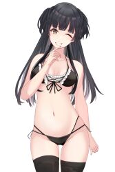 1girl bikini black_bikini black_hair black_thighhighs blunt_bangs blush breasts clenched_teeth commentary cow frilled_bikini frills highres idolmaster idolmaster_shiny_colors long_hair looking_at_viewer mayuzumi_fuyuko multi-strapped_bikini navel one_eye_closed sikimosh simple_background small_breasts smile solo stomach swimsuit teeth thighhighs two_side_up white_background yellow_eyes