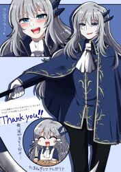 Rule 34 | 1boy, :d, argalia (project moon), ascot, black pants, blue background, blue cape, blue eyes, blue jacket, blush, cape, gold trim, jacket, library of ruina, long hair, long sleeves, looking at viewer, male focus, multiple views, myomyomyo114, open mouth, pants, project moon, simple background, smile, solo, standing, thank you, upper body, very long hair, white ascot, white hair