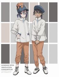 1boy 1girl artist_name beret blue_hair blush commentary_request conch_(gundam) full_body gundam gundam_gquuuuuux hat highres jacket long_hair looking_at_viewer lower_eyelashes_only momoshny multicolored_hair non-humanoid_robot nyaan_(gundam_gquuuuuux) open_mouth pants purple_hair red_eyes robot shoes short_hair shuji_ito smile twitter_username two-tone_hair yellow_eyes