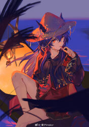 1girl absurdres arknights blue_hair boat ch&#039;en_(arknights) dragon_girl dragon_horns from_side hand_up hat highres horns imoko_(imonatsuki) lantern long_hair red_eyes sidelocks solo straw_hat water watercraft watermark weibo_username weibo_watermark wide_sleeves