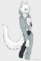 1boy animal_hands babeldj blue_eyes body_fur bow bowtie claws commentary_request cowboy_shot cropped_jacket grey_background looking_at_viewer looking_back male_focus original shirt simple_background solo spot_color suspenders tail