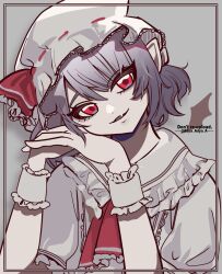 Rule 34 | 1girl, adya adya a, bat wings, detached wings, dress, fang, hashtag-only commentary, hat, head tilt, highres, looking at viewer, mob cap, own hands together, parted lips, puffy short sleeves, puffy sleeves, purple hair, red eyes, remilia scarlet, short hair, short sleeves, solo, touhou, white dress, white hair, wings