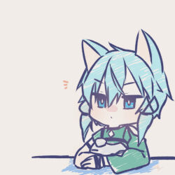 Rule 34 | 1girl, absurdres, animal ears, asymmetrical sleeves, blue eyes, blue hair, cat ears, cat girl, chibi, closed mouth, commentary request, crossed arms, dot mouth, dress, green dress, hair between eyes, highres, long sleeves, looking ahead, medium hair, neosight, notice lines, short sleeves, simple background, sinon, sitting, sketch, solo, sword art online, white background