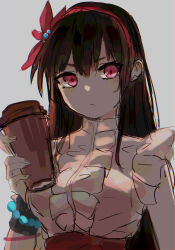 Rule 34 | 1girl, absurdres, bead bracelet, beads, black hair, bracelet, breasts, cup, flower, frilled shirt, frills, hair flower, hair ornament, hairband, highres, holding, holding cup, jewelry, long hair, looking at viewer, original, red eyes, red hairband, red skirt, shaded face, shadow, shirt, simple background, skirt, sleeveless, solo, spyairi, tower of god, upper body, white background, white shirt, yeon yihwa