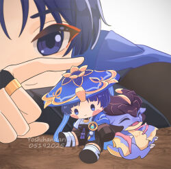 Rule 34 | 1boy, arm rest, armor, belt, black belt, black bow, black bridal gauntlets, black leggings, black shorts, blue hair, blue hat, blunt ends, bow, bridal gauntlets, character doll, closed mouth, dragon, eyeliner, eyeshadow, genshin impact, gold, gold ring, hakama, hakama shorts, handari, hat, head rest, index finger raised, japanese armor, japanese clothes, jingasa, kimono, kote, kurokote, leg warmers, leggings, looking at doll, looking at object, makeup, mandala, middle ring, mini durin (genshin impact), pleated shorts, purple eyes, purple rope, red eyeliner, red eyeshadow, rope, scaramouche (genshin impact), shorts, small dragon, smile, tassel, wanderer (genshin impact), white background, white kimono, white leg warmers