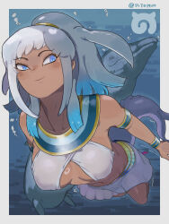 1girl absurdres armband bare_shoulders blue_collar blue_eyes blush bracelet cetacean_tail collar criss-cross_halter dark-skinned_female dark_skin dorudon_(kemono_friends) fins fish_tail gold_collar grey_hair halterneck head_fins highres japari_symbol jewelry kemono_friends kemono_friends_3 midriff multicolored_hair pleated_skirt ponytail shirt sidelocks skirt sleeveless solo swimming tail tlto1910 two-tone_hair underwater whale whale_girl white_hair white_shirt white_skirt