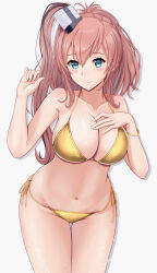 Rule 34 | 1girl, bikini, blue eyes, breasts, brown hair, cleavage, closed mouth, cowboy shot, gold bikini, highres, kantai collection, large breasts, looking at viewer, mesera, navel, ponytail, saratoga (kancolle), side ponytail, smile, solo, string bikini, swimsuit