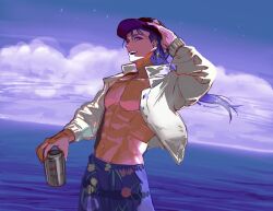 1boy baragi blue_hair blue_sky can cloud cowboy_shot cu_chulainn_(caster)_(fate) cu_chulainn_(fate) cu_chulainn_(tropical_rune_summer)_(fate) earrings fate/grand_order fate_(series) hat highres holding holding_can jacket jewelry long_hair long_sleeves male_focus male_swimwear navel ocean open_clothes open_jacket open_mouth pectorals red_eyes sky smile solo swim_trunks toned toned_male water white_jacket