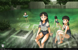 00s 2007 4girls afloat artist_name awatake_takahiro barefoot black_hair dam dated feet innertube legs long_hair looking_at_viewer low_twintails multiple_girls no_pants one-piece_swimsuit original outdoors school_swimsuit school_uniform serafuku short_hair soles swim_ring swimming swimsuit swimsuit_under_clothes toes twintails water watermark web_address