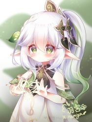 1girl blush braid child dress genshin_impact gradient_hair green_eyes hair_ornament hamiyamiko heart highres long_hair multicolored_hair nahida_(genshin_impact) pointy_ears ponytail sleeveless sleeveless_dress solo upper_body white_dress white_hair