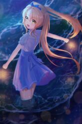 Rule 34 | 1girl, :d, a-pose, absurdres, back bow, backlighting, blonde hair, blue bow, blue skirt, blush, bow, clenched hands, commentary, cowboy shot, eyes visible through hair, floating hair, flowingcrescent, from behind, green eyes, hair between eyes, hair bow, hair intakes, happy, high-waist skirt, highres, holding, holding fireworks, long hair, looking at viewer, looking back, night, ocean, open mouth, outdoors, puffy short sleeves, puffy sleeves, shirt, short sleeves, sidelocks, skirt, smile, solo, summer pockets, tsumugi wenders, twintails, underlighting, very long hair, wading, waves, white shirt