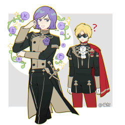 Rule 34 | 2boys, ?, arms at sides, ascot, black jacket, black pants, black shorts, blonde hair, border, brown eyes, cape, char aznable, chromatic aberration, corsage, cosplay, cropped legs, edelgard von hresvelg, edelgard von hresvelg (cosplay), epaulettes, fire emblem, fire emblem: three houses, flower, garma zabi, garreg mach monastery uniform, gloves, grey background, grin, gundam, hand on own elbow, hand up, high collar, highres, jacket, juliet sleeves, kucha (ynn6c), long sleeves, male focus, mobile suit gundam, multiple boys, nintendo, outline, outside border, pants, pantyhose, parted lips, puffy sleeves, purple flower, purple hair, purple rose, red cape, red pantyhose, rose, short hair, shorts, simple background, smile, sparkle, sunglasses, white ascot, white border, white gloves, yellow outline