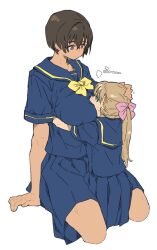 2girls arm_support between_breasts blonde_hair blue_eyes blue_sailor_collar blue_serafuku blue_skirt bow bowtie breasts brown_hair face_between_breasts hair_bow head_between_breasts highres kei_(m_k) large_breasts looking_at_another m_k multiple_girls original pink_bow pleated_skirt ponytail red_eyes rika_(m_k) sailor_collar school_uniform serafuku short_hair short_sleeves simple_background skirt tomboy white_background yellow_bow yellow_bowtie yuri