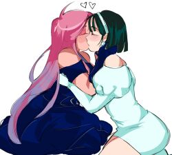 2girls alien_stage black_dress black_gloves black_hair bob_cut closed_eyes commentary dress earrings english_commentary gloves hairband heart highres jewelry juliet_sleeves kiss long_hair long_sleeves m0nacrose mizi_(alien_stage) multiple_girls pearl_earrings pink_hair puffy_sleeves short_hair short_sleeves simple_background sphere_earrings sua_(alien_stage) very_long_hair white_background white_dress white_hairband yuri