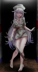 1girl blood blood_on_body blood_on_clothes blush breasts cleavage colored_inner_hair cosplay dress fang gloves grey_dress grey_hair grey_hat hair_flaps hat high_heels highres holding holding_lead_pipe hololive hololive_english koseki_bijou lead_pipe long_hair looking_at_viewer multicolored_hair nurse_(silent_hill) nurse_(silent_hill)_(cosplay) open_mouth pink_hair purple_eyes silent_hill_(series) silent_hill_2 small_breasts smile solo varo_006 very_long_hair virtual_youtuber white_footwear white_gloves