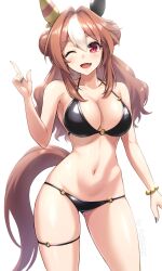 1girl ahoge alternate_costume animal_ears arm_up armpits artist_name bare_shoulders bead_bracelet beads bikini black_bikini black_nails blush bracelet breasts brown_hair cleavage contrapposto copano_rickey_(umamusume) cowboy_shot double_bun ear_covers ear_ornament fang gluteal_fold hair_between_eyes hair_bun highres horse_ears horse_girl horse_tail index_finger_raised jewelry large_breasts multicolored_hair nail_polish navel o-ring o-ring_bikini one_eye_closed open_mouth pataneet sidelocks simple_background skin_fang smile solo stomach streaked_hair swimsuit tail umamusume white_background white_hair