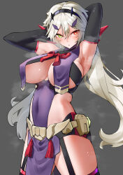1girl absurdres armpits arms_behind_head arms_up auv_susanowo belt black_gloves blush breasts covered_navel cowboy_shot elbow_gloves gloves green_eyes grey_background hair_between_eyes hair_ornament hairband heterochromia highres horns large_breasts long_hair looking_at_viewer megami_device parted_lips pelvic_curtain pouch red_eyes revealing_clothes ringobatake simple_background solo steam steaming_body sweat thighhighs thighs twintails underboob variant_set very_long_hair white_hair