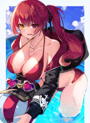 1girl absurdres ball beachball bikini black_hat black_jacket black_ribbon blush breasts cleavage hair_ribbon hat heart heart-shaped_eyewear heart_necklace heterochromia highres holding holding_ball holding_beachball hololive houshou_marine houshou_marine_(summer) jacket jewelry large_breasts long_hair looking_at_viewer necklace necktie official_alternate_costume open_mouth ponytail pso2kotone red_bikini red_eyes red_jacket ribbon sunglasses swimsuit two-sided_fabric two-sided_jacket unworn_hat unworn_headwear virtual_youtuber wading water yellow_eyes yellow_necktie