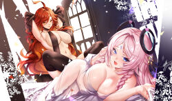 2girls aata1007 ahoge armpits arms_behind_head bare_shoulders bed_sheet black_thighhighs blue_eyes braid breasts citlali_(genshin_impact) cleavage clothing_request commentary_request covered_navel earrings genshin_impact hair_between_eyes highres indoors jewelry large_breasts long_hair looking_at_viewer lying mavuika_(genshin_impact) multiple_girls naked_sheet navel on_side open_mouth parted_lips pink_hair pink_pupils red_eyes red_hair see-through_clothes sitting stomach symbol_in_eye thighhighs twin_braids very_long_hair