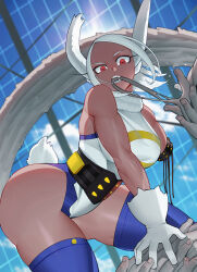 1girl absurdres amputee animal_ears arm_support bare_arms bare_shoulders battle biting blue_thighhighs boku_no_hero_academia cloud cloudy_sky dark-skinned_female dark_skin gloves highres kopam leotard looking_at_viewer mirko rabbit_ears rabbit_girl rabbit_tail red_eyes sky sleeveless_turtleneck_leotard slit_pupils solo sun swept_bangs tail thighhighs white_gloves white_hair