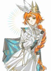 1girl :o absurdres blue_cape cape dress gloves green_eyes hair_ornament hand_up highres holding holding_quill long_braid long_hair long_sleeves looking_at_viewer official_alternate_costume orange_hair quill reverse:1999 sangyu-feiwan solo sonetto_(reverse:1999) upper_body very_long_hair white_background white_dress white_gloves wing_hair_ornament