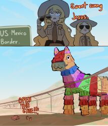 2girls absurdres animal blonde_hair car centurii-chan cowboy_hat english_text fence gate hat highres holding holding_removed_eyewear long_hair mexico motor_vehicle multiple_girls original outdoors oversized_animal pinata police police_badge police_car police_uniform policewoman sheriff sheriff_badge sunglasses the_iliad_(poem) trojan_horse united_states unworn_eyewear
