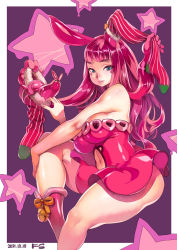 1girl absurdres animal_ears ass blue_eyes blunt_bangs blush boots breasts curvy f.s. grabbing_another&#039;s_breast groping highres huge_ass large_breasts long_hair melona_(queen&#039;s_blade) monster_girl muscular pink_hair prehensile_hair queen&#039;s_blade rabbit_ears sitting slime_girl socks solo star_(symbol) wide_hips