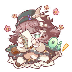 1girl ahoge aqua_eyes bird_hair_ornament black_hat brown_hair brown_shoes coat covering_one_eye dress envelope flower flutterpage full_body hair_flower hair_ornament hat highres holding holding_envelope lily_of_the_valley nijiiro_diary official_alternate_costume reverse:1999 shoes socks solo white_background white_coat white_dress white_flower white_socks yellow_flower