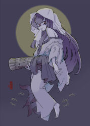 1girl 770mk bags_under_eyes bare_shoulders barefoot carrying carrying_under_arm closed_mouth commentary_request from_side full_body half-closed_eyes headscarf japanese_clothes kimono leech long_hair long_sleeves looking_at_viewer looking_to_the_side mouth_hold off_shoulder original pale_skin purple_background purple_hair purple_sash red_eyes sash simple_background smile solo straw_(stalk) waist_sash white_kimono