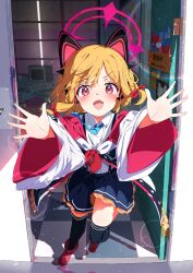 1girl :3 absurdres animal_ear_headphones animal_ears blonde_hair blue_archive blue_necktie blue_thighhighs blush boots bow cat_ear_headphones chair checkered_floor collared_shirt commentary_request computer curtains day door dress_shirt fake_animal_ears floor_tiles frilled_skirt frills full_body hair_between_eyes hair_bow halo happy head_tilt headphones highres hug indoors jacket light_particles long_hair looking_at_viewer momoi_(blue_archive) monitor necktie off_shoulder open_mouth pink_boots pink_bow pink_eyes pleated_skirt red_bow school_uniform shirt sidelocks skirt smile solo spice_mega suspender_skirt suspenders teeth thighhighs upper_teeth_only wall white_shirt wide_sleeves window