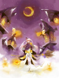 Rule 34 | 1girl, broom, brown eyes, building, cloak, closed mouth, commentary request, crescent moon, dress, full body, ghost, halloween, high priest (ragnarok online), holding, holding broom, jack-o&#039;-lantern, long hair, looking at viewer, lude (ragnarok online), moon, pink hair, purple cloak, purple sky, ragnarok online, sansaro, sash, sky, smile, snow, snowing, solo, standing, triangular headpiece, white dress, yellow sash