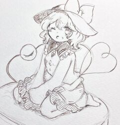 1girl blush bow buttons collared_shirt commentary_request diamond_button eyeball frilled_shirt_collar frilled_sleeves frills hat hat_bow heart heart_of_string highres komeiji_koishi long_sleeves looking_at_viewer one_eye_closed open_mouth seiza shiro_tsugumi shirt sitting smile solo third_eye touhou traditional_media wide_sleeves