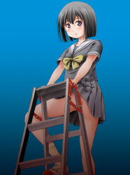 Rule 34 | 1girl, black hair, black shirt, black skirt, blue background, closed mouth, clothes lift, female focus, foot out of frame, ladder, looking at viewer, no panties, one eye closed, original, school uniform, serafuku, shirt, shoes, short hair, skirt, skirt lift, socks, solo, takapi (chimee house), uwabaki, white shoes, white socks