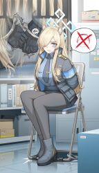 1girl absurdres animal_ear_fluff animal_ears ankle_boots armband black_jacket black_pantyhose black_skirt blonde_hair blue_archive blue_armband blue_eyes blue_necktie blue_shirt boots bound breasts broken_handcuffs cameo chair cheogtanbyeong collared_shirt commentary cuffs dog_ears dog_girl doodle_sensei_(blue_archive) extra_ears folding_chair grey_boots hair_over_one_eye halo handcuffs highres indoors jacket kanna_(blue_archive) large_breasts long_bangs long_hair long_sleeves looking_at_viewer necktie pantyhose pencil_skirt police police_uniform policewoman restrained sensei_(blue_archive) sharp_teeth shirt sidelocks sitting skirt solo spoken_character teeth tied_up_(nonsexual) white_shirt