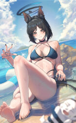 Rule 34 | 1girl, absurdres, animal ear fluff, animal ears, bakeneko, bikini, black choker, black nails, black tail, blue archive, blue bikini, blue halo, blue sky, blue tail, blurry, blush, breasts, bright pupils, cat&#039;s cradle, cat ears, cat girl, cat tail, choker, cleavage, commentary request, criss-cross straps, day, depth of field, doodle sensei (blue archive), fingernails, ggz (gguzal 95), gradient tail, halo, highres, kikyou (blue archive), kikyou (swimsuit) (blue archive), knee up, layered bikini, looking at viewer, medium breasts, multi-strapped bikini top, multiple tails, nail polish, official alternate costume, outdoors, sensei (blue archive), short hair, sky, swimsuit, tail, thighs, two tails, white pupils
