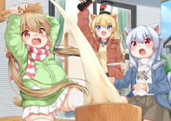 3girls :d animal_ears arms_up black_skirt blonde_hair blue_eyes blue_jacket blue_skirt blush bottle braid brown_hair brown_jacket cat_ears cat_girl cat_tail commentary_request day fang fat food fur-trimmed_jacket fur_trim gluteal_fold green_jacket grey_hair hair_ornament hair_scrunchie highres holding holding_bottle hood hood_down hooded_jacket jacket kine long_hair long_sleeves mallet mochi mochitsuki multiple_girls on_head open_clothes open_jacket open_mouth original outdoors plaid_clothes plaid_skirt pleated_skirt red_eyes red_scrunchie saucer scarf scrunchie shirt skirt smile sora_(silent_square) striped_clothes striped_scarf striped_tail sweat tail thighhighs two_side_up v-shaped_eyebrows very_long_hair wavy_mouth white_shirt white_skirt white_thighhighs