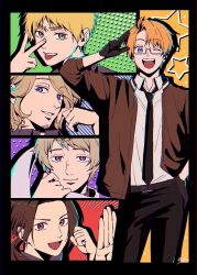 Rule 34 | 5boys, ahoge, america (hetalia), axis powers hetalia, belt, black belt, black border, black gloves, black jacket, black necktie, black pants, blonde hair, blue eyes, border, brown eyes, brown hair, brown jacket, china (hetalia), clenched hand, closed mouth, collared shirt, commentary request, cowboy shot, facial hair, fingernails, france (hetalia), glasses, gloves, green background, green eyes, grey-framed eyewear, grey hair, hand in pocket, hand up, hands up, highres, jacket, long hair, long sleeves, looking at viewer, low ponytail, male focus, motion lines, multiple boys, necktie, one eye closed, open clothes, open jacket, open mouth, orange background, pants, polka dot, polka dot background, ponytail, puffy long sleeves, puffy sleeves, purple background, purple eyes, purple shirt, red background, russia (hetalia), saiki illust2, scarf, semi-rimless eyewear, shadow, shirt, short hair, sidelocks, signature, smile, sparkle, standing, star (symbol), teeth, tongue, tongue out, united kingdom (hetalia), v, v-shaped eyebrows, white scarf, white shirt