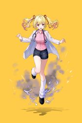 1girl absurdres belt black_shoes blonde_hair blush coat collared_shirt commentary_request denim denim_shorts floating full_body gradient_hair hair_ribbon heterochromia highres hoshikawa_sara lab_coat leg_up leg_warmers looking_at_viewer multicolored_hair nijisanji open_clothes open_coat open_mouth pink_hair pink_shirt red_eyes red_ribbon ribbon shadow shirt shoes shorts solo stethoscope stethoscope_around_neck tone_haruma twintails virtual_youtuber white_coat white_leg_warmers yellow_background yellow_eyes