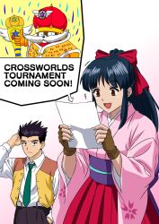 1girl 2boys arm_behind_head black_hair blue_eyes blue_hair breasts brown_eyes crossover english_text fingerless_gloves gloves hair_ribbon highres japanese_clothes legs long_skirt looking_at_viewer medium_breasts multiple_boys necktie oogami_ichirou open_mouth pointy_hair ponytail ribbon sakura_taisen sega shinguuji_sakura skirt smile sonic_(series) sonic_racing:_crossworlds sweatdrop thighs thumbs_up tongue