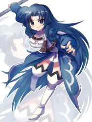 asako_komaki belt blue_coat blue_eyes blue_hair breasts coat fighting_stance full_body highres holding holding_polearm holding_weapon long_hair looking_at_viewer magical_girl mahou_shoujo_madoka_magica mahou_shoujo_madoka_magica_magia_exedra plusplushm polearm serious very_long_cape very_long_hair weapon