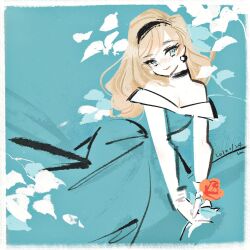 1girl black_hairband blonde_hair blue_dress blue_eyes blush choker cyborg cyborg_009 dress earrings flower francoise_arnoul gloves hair_over_face hairband highres holding holding_flower jewelry long_eyelashes long_hair looking_at_viewer manodemarina nose_blush strapless strapless_dress white_gloves white_trim