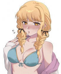 1girl :o bikini black_bow blonde_hair blue_bikini blush bow braid breasts collarbone commentary_request flying_sweatdrops front-tie_bikini_top front-tie_top fujita_kotone gakuen_idolmaster hair_bow idolmaster jacket jacket_partially_removed kimi_to_semi_blue_(idolmaster) long_hair looking_at_viewer medium_breasts miya_xx2 official_alternate_costume simple_background single_bare_shoulder solo sweat swimsuit twin_braids two-sided_fabric two-sided_jacket upper_body white_background white_jacket yellow_eyes
