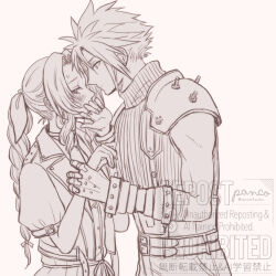 1boy 1girl aerith_gainsborough ancotsubu armor armored_gloves artist_name bandaged_arm bandages belt blush braid braided_ponytail choker cloud_strife couple covering_own_mouth cropped_jacket earrings final_fantasy final_fantasy_vii final_fantasy_vii_rebirth final_fantasy_vii_remake flower_choker greyscale hair_between_eyes hair_ribbon hand_over_own_mouth hetero highres holding_another&#039;s_wrist jewelry long_hair looking_at_another monochrome parted_bangs pauldrons puffy_short_sleeves puffy_sleeves ribbon short_hair short_sleeves shoulder_armor sidelocks single_braid single_earring single_pauldron sketch sleeveless sleeveless_turtleneck spiked_hair suspenders sweatdrop turtleneck twitter_username
