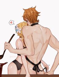 1boy 1girl apron arm_around_waist bawuling bikini black_apron black_bikini blonde_hair cooking couple cow earrings flower genshin_impact hair_flower hair_ornament heart hetero highres holding holding_ladle jewelry ladle lumine_(genshin_impact) naked_apron orange_hair short_hair short_hair_with_long_locks spoken_heart swimsuit tartaglia_(genshin_impact) twitter_username white_background