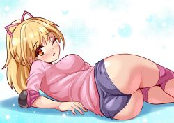 1girl ass ass_focus blonde_hair blush breasts cougar_(cougar1404) elbow_pads embarrassed from_behind hair_ribbon huge_ass knee_pads large_breasts long_hair looking_at_viewer looking_back lying on_side one_eye_closed open_mouth ponytail red_eyes ribbon seifuku_densetsu_pretty_fighter short_shorts shorts sideboob solo wedgie wince