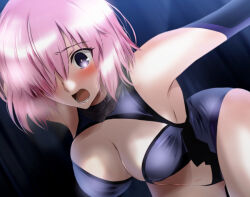 1girl :o blush breasts cleavage clothing_cutout cowboy_shot fate/grand_order fate_(series) hair_over_one_eye large_breasts leaning_forward legs_together leotard mash_kyrielight mash_kyrielight_(demi-servant) navel navel_cutout open_mouth outstretched_arms purple_eyes purple_hair purple_leotard shiny_skin short_hair solo spread_arms wide-eyed yadokari_genpachirou