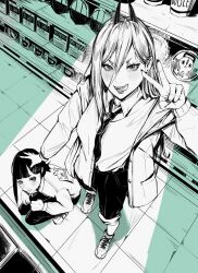 2girls absurdres blush chainsaw_man collared_shirt cross-shaped_pupils from_above hair_between_eyes hair_ornament hairclip higashiyama_kobeni highres hood horns jacket long_hair looking_at_viewer monochrome multiple_girls necktie open_mouth pants ponytail power_(chainsaw_man) sharp_teeth shirt shoes short_ponytail single_sidelock smile sneakers squatting symbol-shaped_pupils teeth tongue tongue_out v zyllypepper